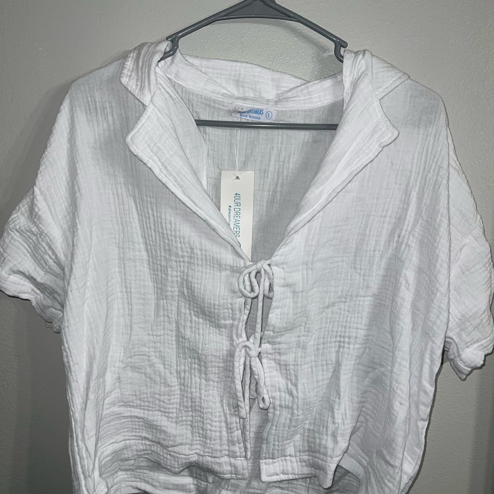 Dreamers White Textured Tie-Front Blouse